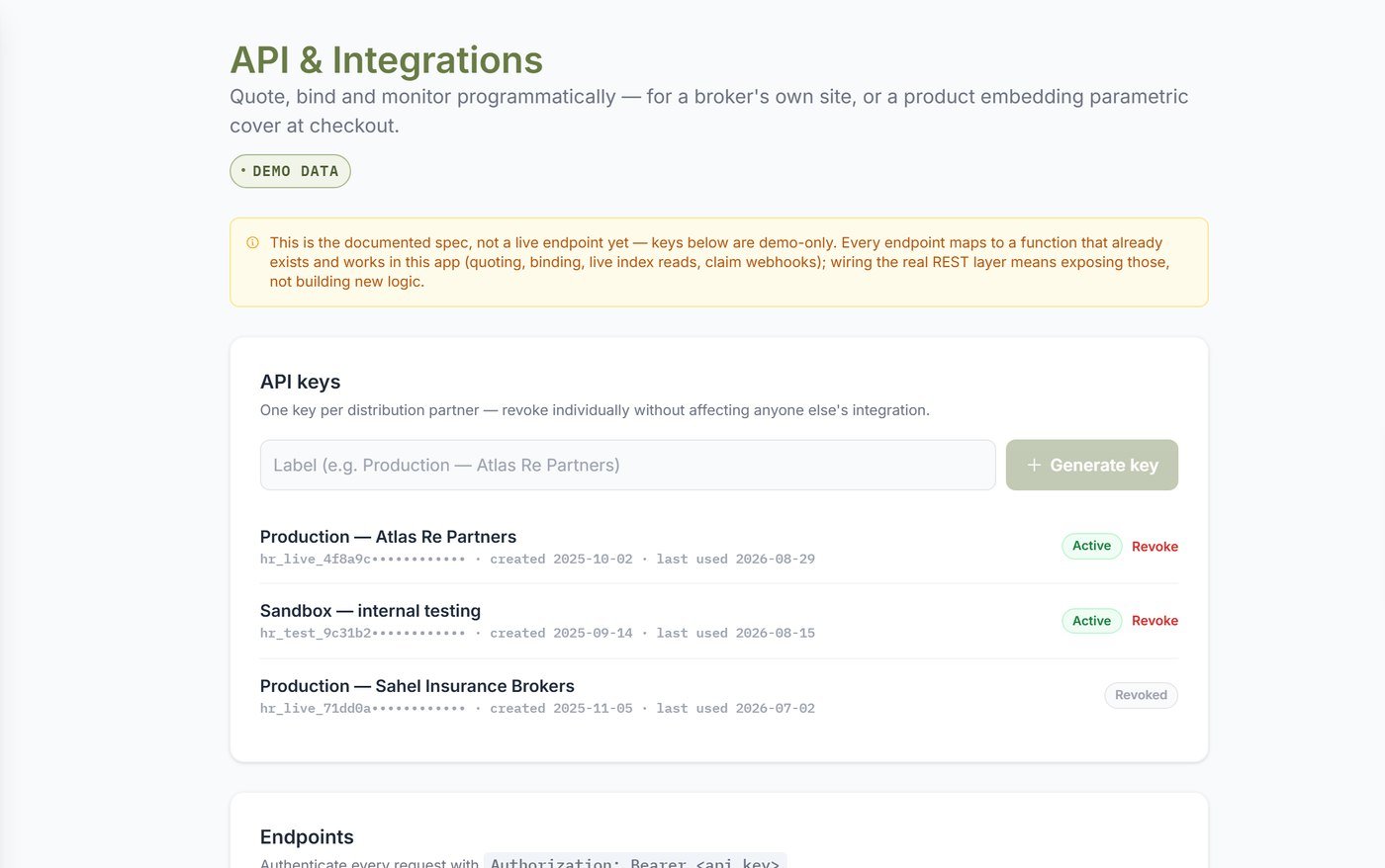 API and Integrations screen